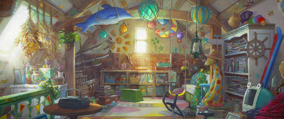 Une salle de jeux brillante et richement peinte, remplie de jouets, de livres et de décorations dans The Imaginary du Studio Ponoc