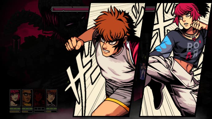 Capture d'écran de Demonschool montrant les illustrations de deux personnages alors qu'ils combinent leurs forces au milieu d'une bataille.