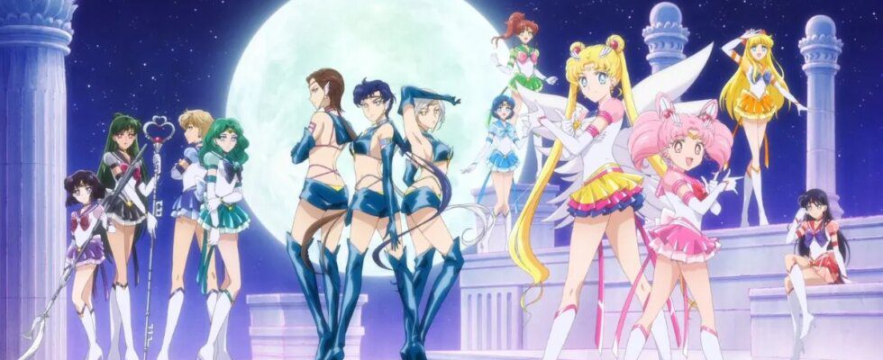 The cast of characters for the Sailor Moon Cosmos movie, posing in a pretty mystical moon background
