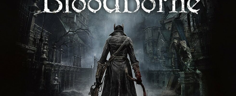 Bloodborne: The Hunter stood in a grim alleyway holding two weapons.