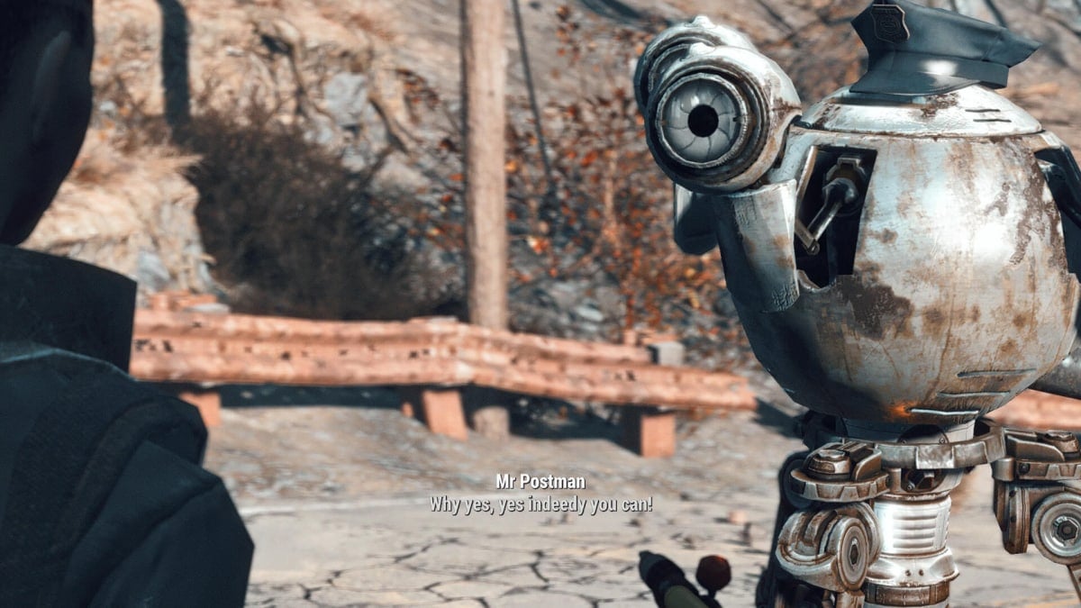 Le joueur parlant à M. Postman, un robot du mod caritatif Fallout 4 Shady Motives