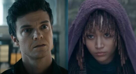 From left to right: Jack Quaid looking shocked in The Boys and Amandla Stenberg looking serious in The Acolyte.