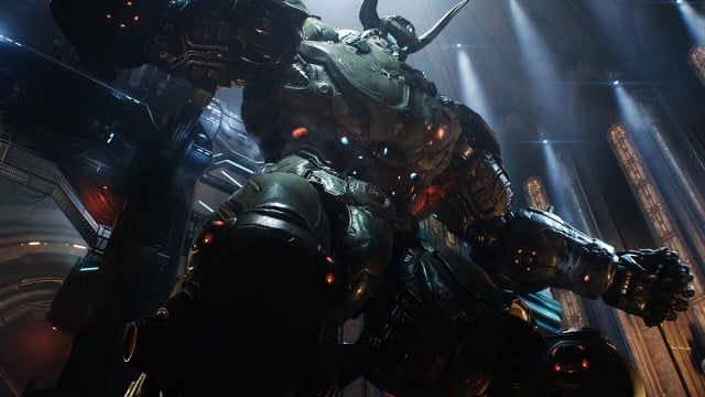 Doom : The Dark Ages - Un plan bas d'un robot géant en forme de Doom Slayer.
