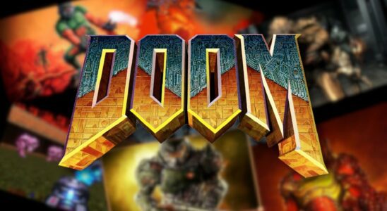 The classic blue and orange Doom logo with stills from each of the main games behind it.