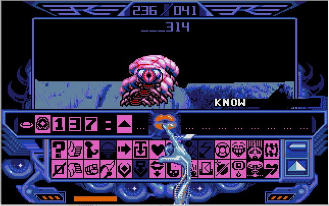 Un extraterrestre est à l'écran dans Captain Blood, avec des pictogrammes en dessous pour décoder son langage.