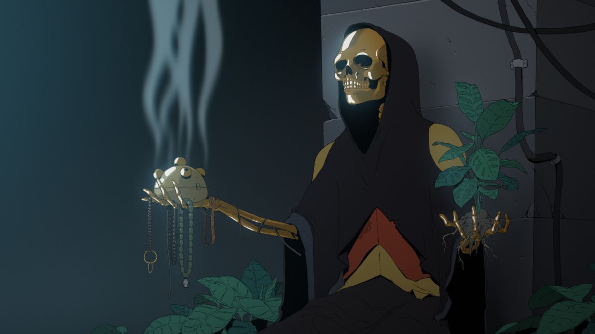 Un squelette doré dans une cape tenant un arbre déraciné dans une main et une lanterne à encens dans l'autre dans Scavengers Reign.