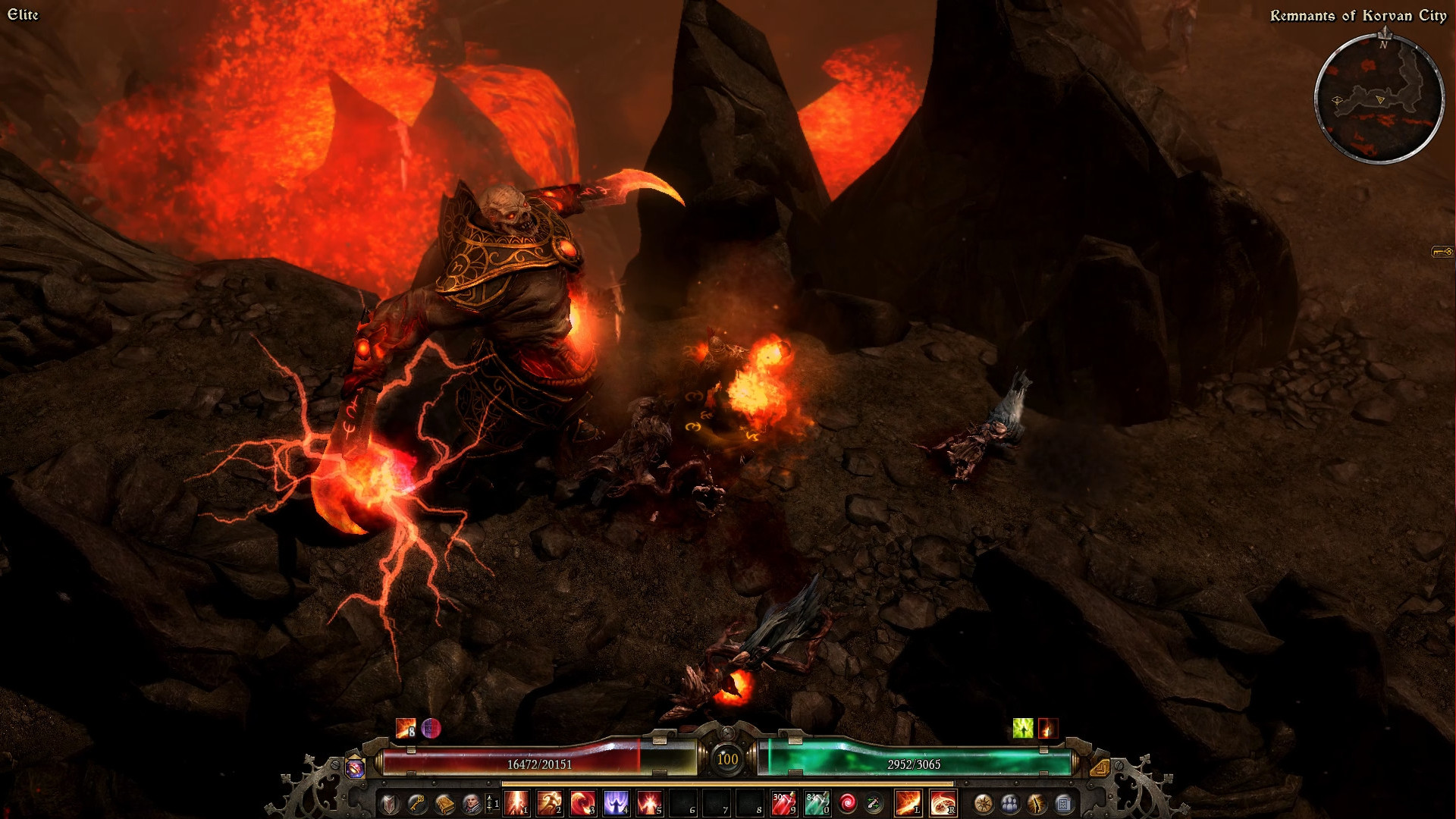 L'ARPG Dark Fantasy Grim Dawn reçoit une grande mise à jour pour rivaliser avec Diablo 4 Saison 4 - Un personnage combat un démon géant dans une caverne remplie de lave.