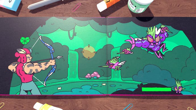 Capture d'écran de Plucky Squire montrant une scène héroïque en 2D dans le livre de contes alors que votre personnage plus musclé tire sur des ennemis volants avec un arc.