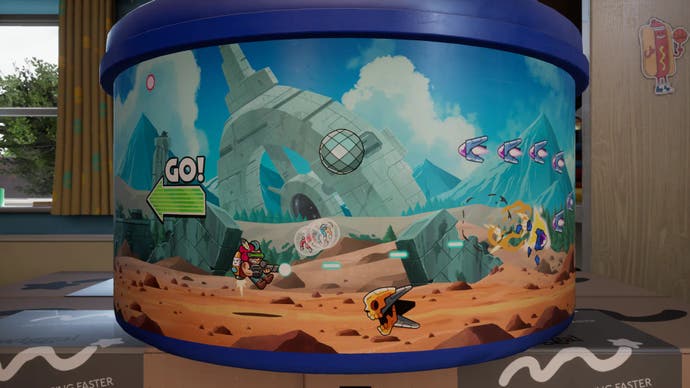 Capture d'écran de Plucky Squire montrant le bac à jouets dans le monde 3D avec un mini-jeu 2D dessus