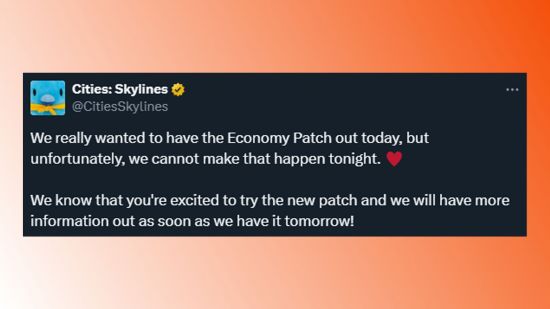 Le tweet complet expliquant le retard du patch Economy 2.0.