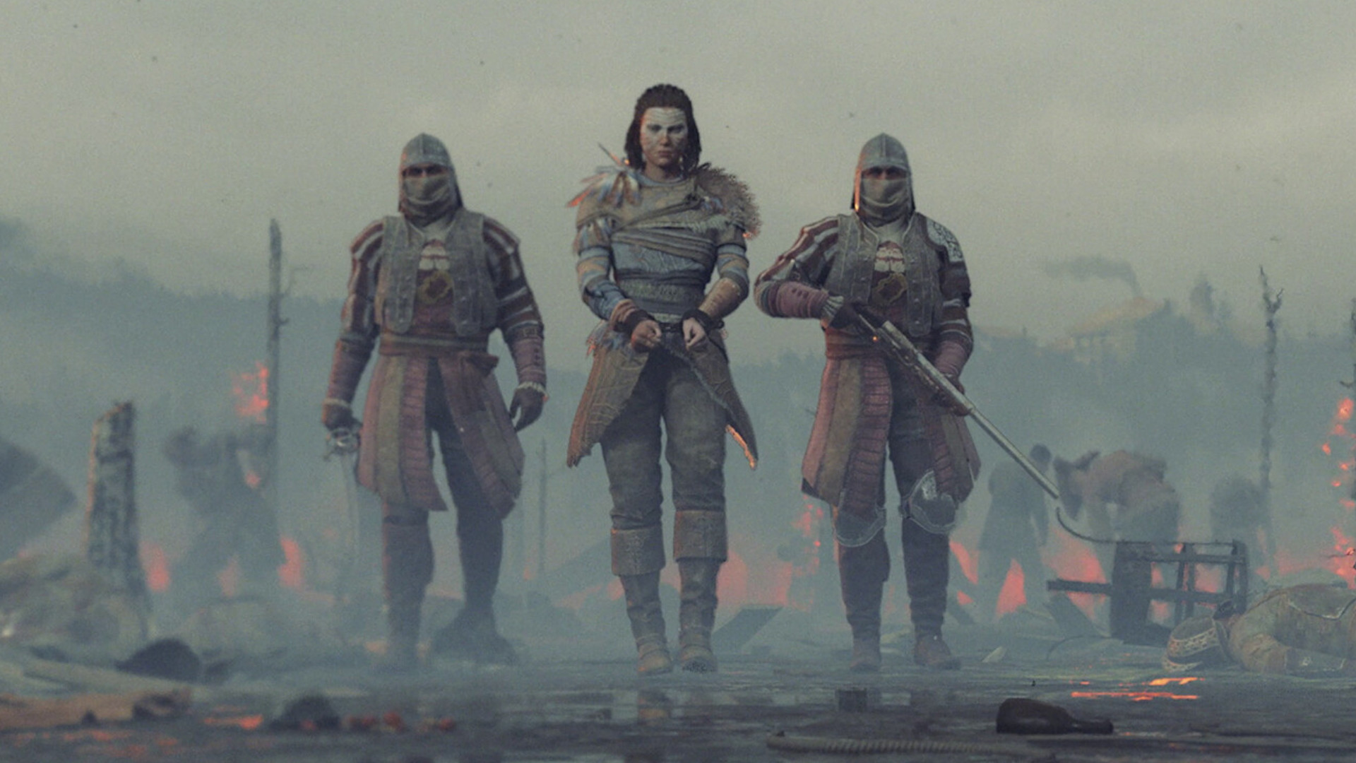 Changements de combat dans Greedfall 2 : trois soldats traversent un champ de bataille en ruine.