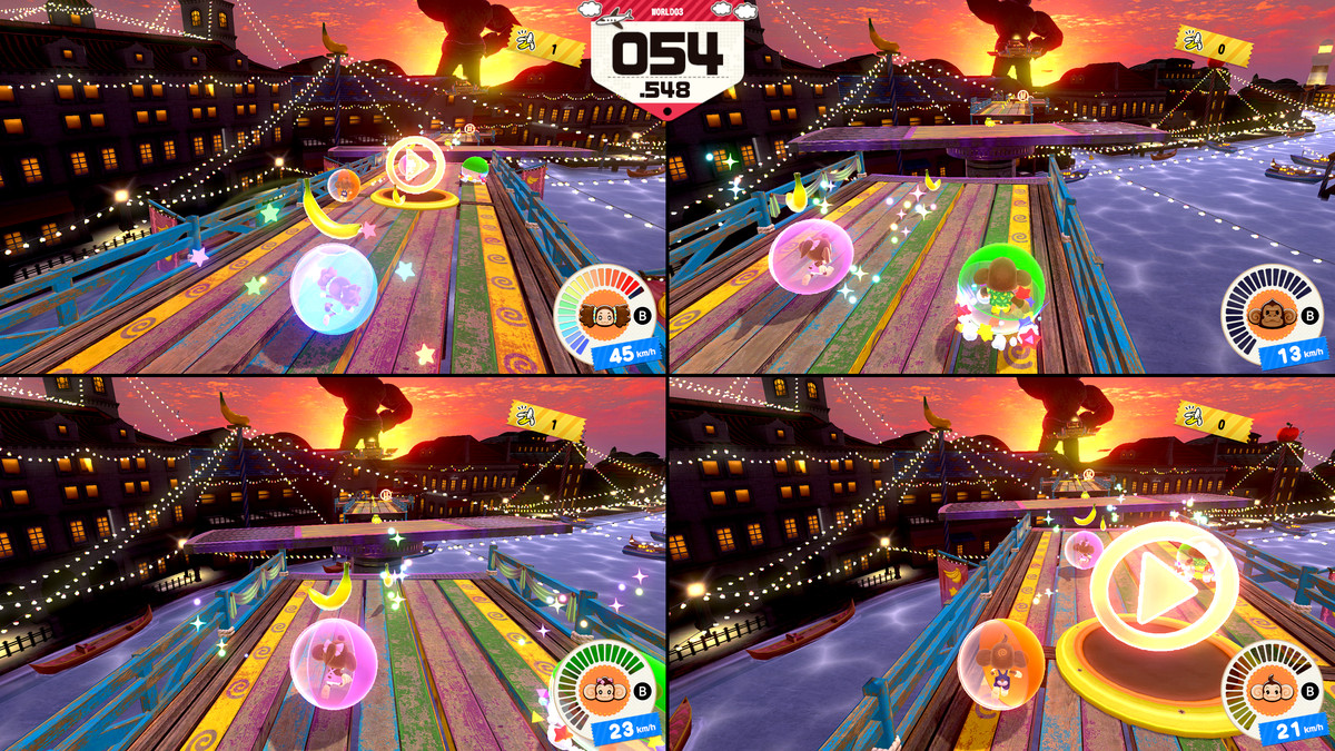 Quatre joueurs jouent une étape du mode Aventure en coopération sur écran partagé dans Super Monkey Ball Banana Rumble