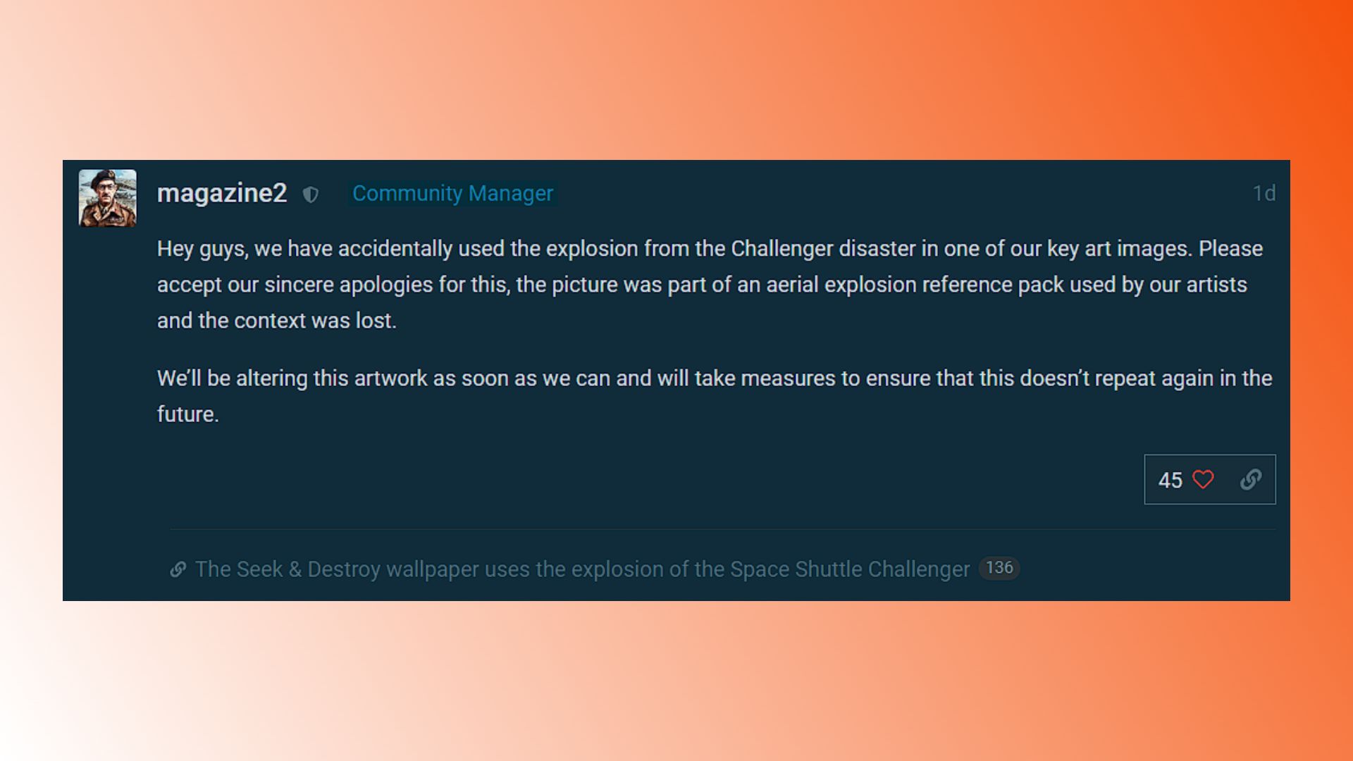 Excuses en cas de catastrophe de War Thunder Challenger : un message de forum de l'équipe de War Thunder s'excusant d'avoir utilisé l'explosion du Challenger