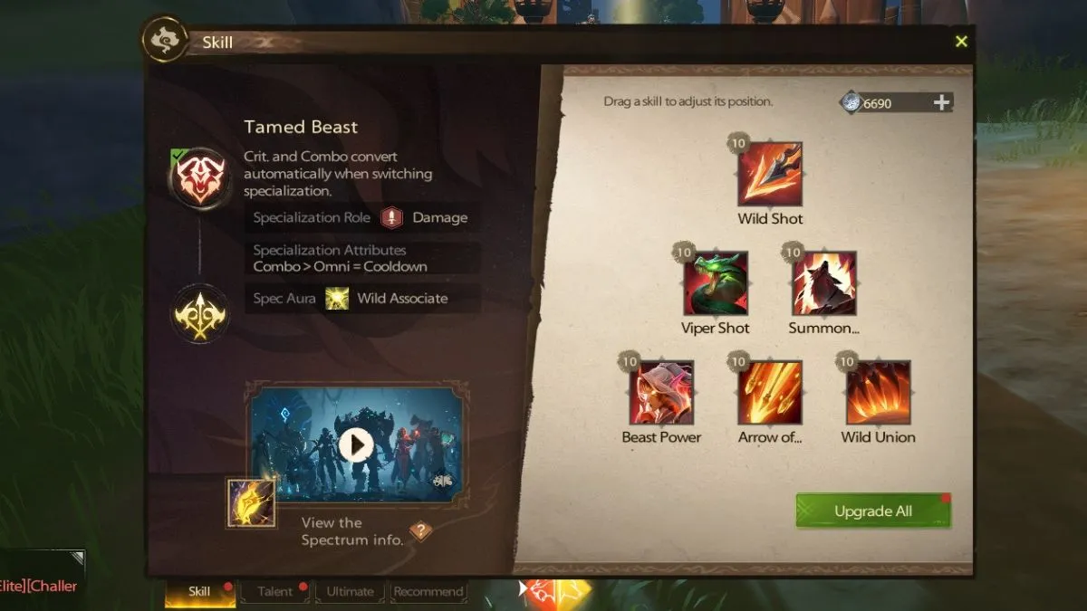 Capture d'écran de l'arbre de compétences Tamed Beast Ranger de Tarisland