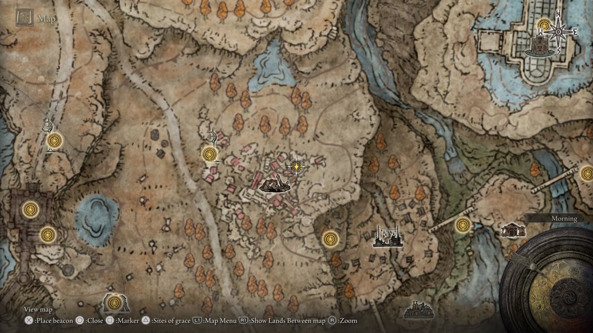 Une capture d'écran de la carte d'Elden Ring : Shadow of the Erdtree, montrant l'entrée souterraine des tunnels des ruines de Moorth à Scadu Altus.