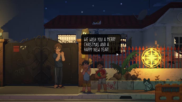 Une capture d'écran de Until Then montre des chanteurs de Noël chantant devant une maison.