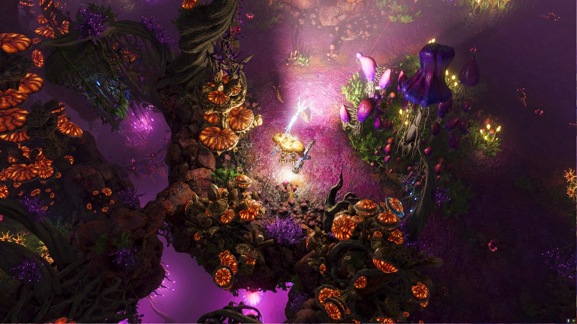 The Riftbreaker Heart of the Swamp DLC - Un mech explore un biome teinté de violet couvert de champignons.