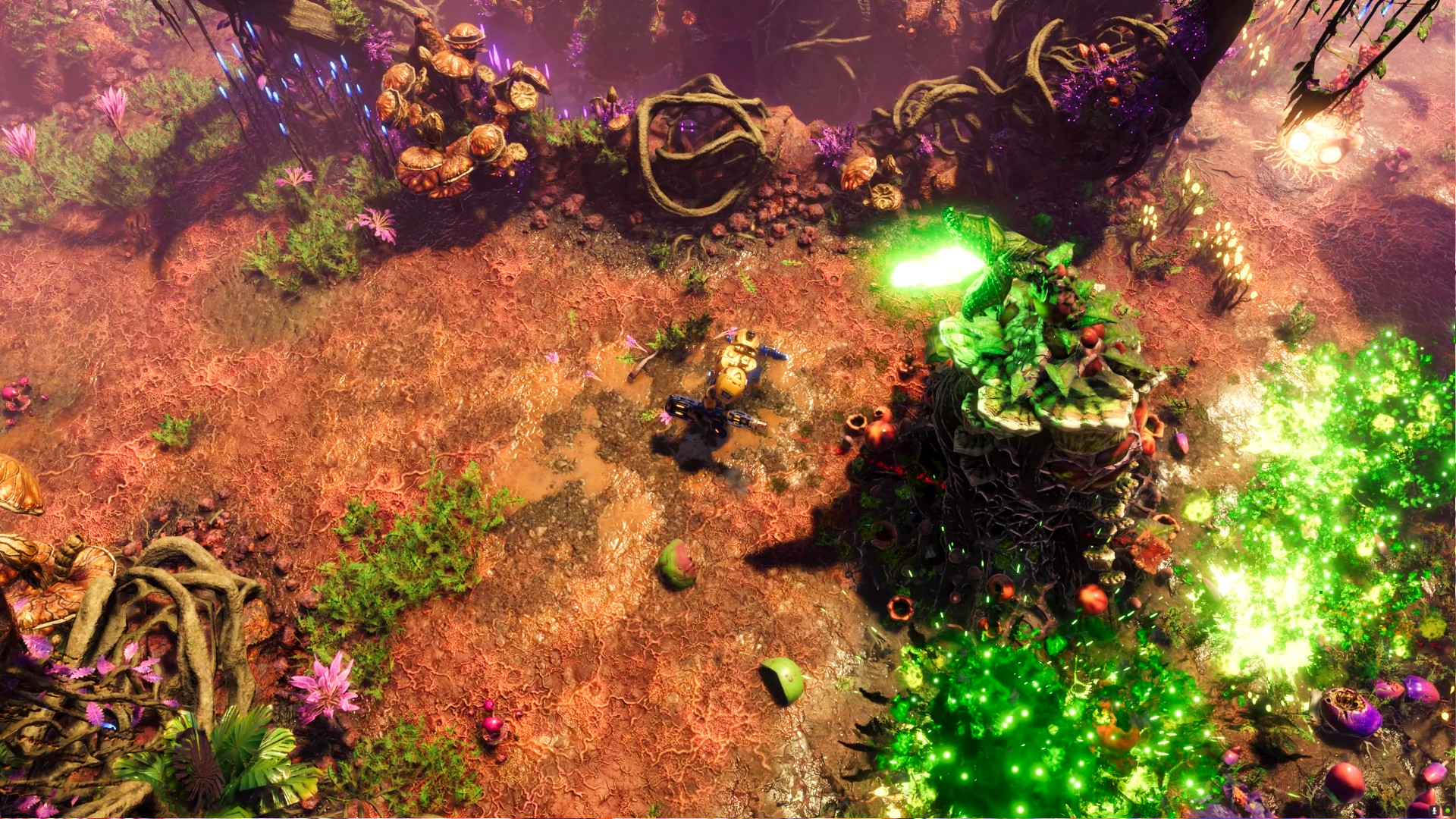 The Riftbreaker Heart of the Swarm DLC - Un mécha s'approche d'une croissance fongique géante crachant une crasse verte.