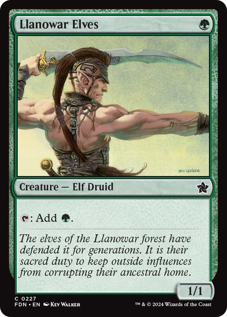 Llanowar Elves est une créature et un druide elfe, qui est 1/1 et ajoute un mana vert lorsqu'il est engagé.