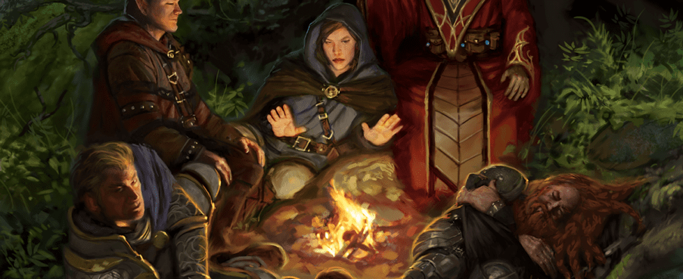 A group of adventurers sitting around a campfire
