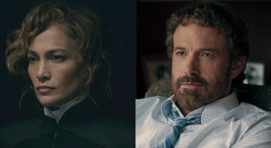 From left to right: A close up of Jennifer Lopez looking serious in Atlas and a photo of Ben Affleck as Phil Knight sitting at his desk in Air.