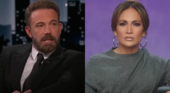 From left to right: Ben Affleck on Jimmy Kimmel Live! and Jennifer Lopez in a BTS video for Netflix