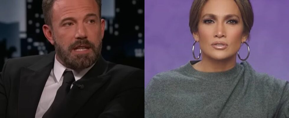 From left to right: Ben Affleck on Jimmy Kimmel Live! and Jennifer Lopez in a BTS video for Netflix