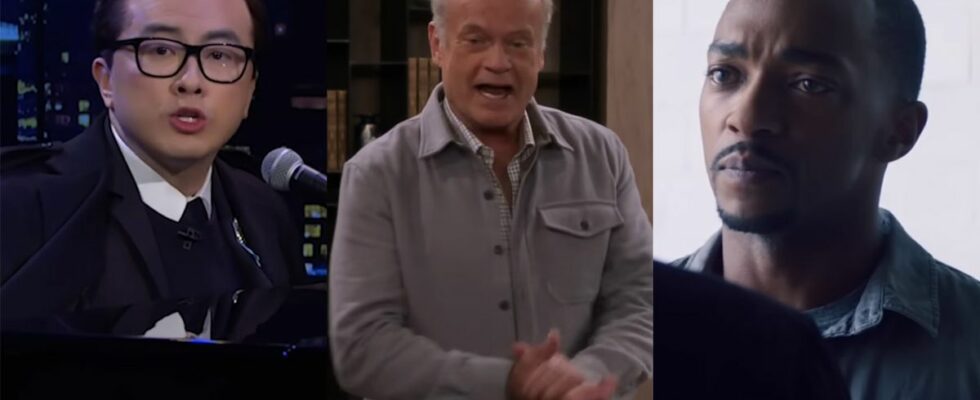 Bowen Yang on SNL next to Kelsey Grammer in Cheers reboot next to Anthony Mackie looking at camera in Falcon and the Winter Solder.