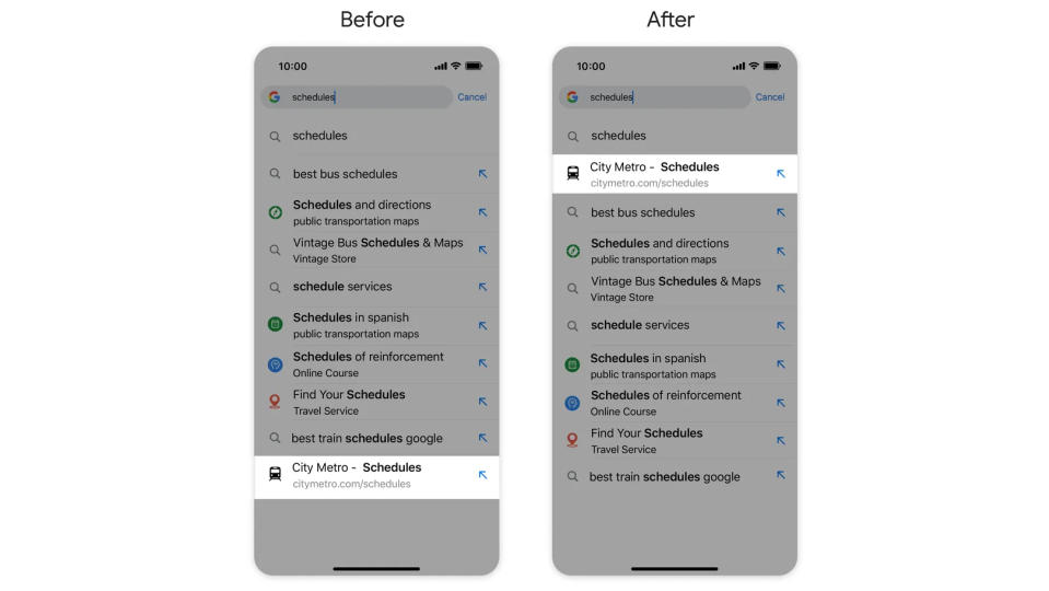 Captures d'écran avant et après des résultats de recherche de l'application mobile Chrome.
