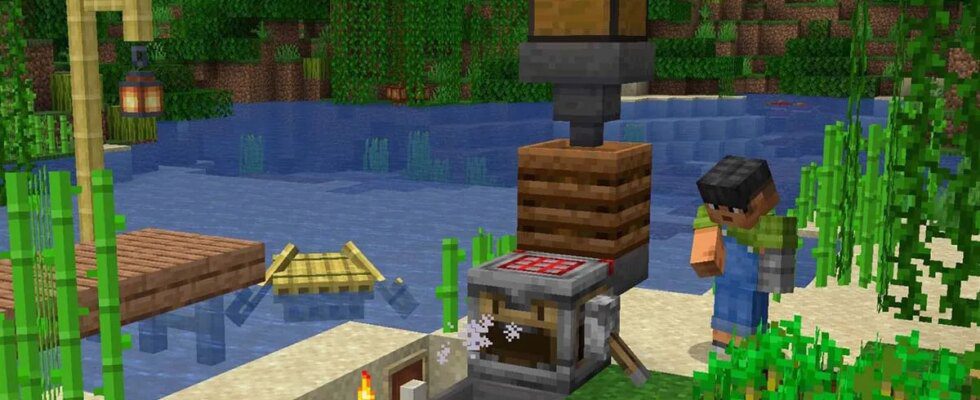 A Minecraft player standing beside a Crafter beside some water.