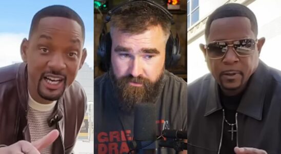From left to right: Will Smith pointing, Jason Kelce wearing headphones and Martin Lawrence wearing sunglasses.