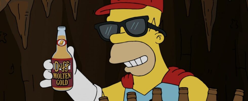 Homer Simpson dressed as Duff Man wearing a Duff hat and costume while holding a Duff Molten Gold bottle on The Simpsons.