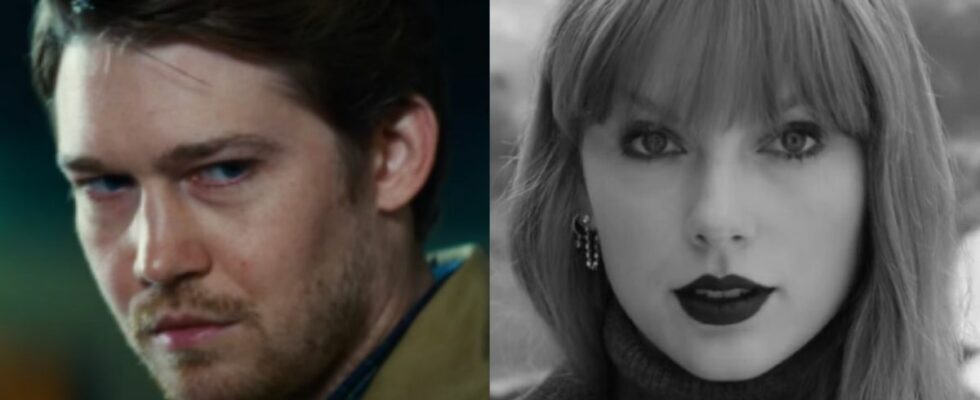Joe Alywn looking angry in Kinds of Kindness and Taylor swift looking into camera in b&w Fortnight video