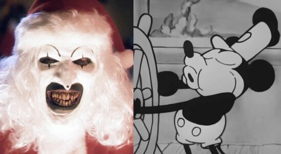 Art the Killer Clown Terrifying a small child on Christmas in Terrifier 3, Mickey Mouse in Steamboat Willie Disney