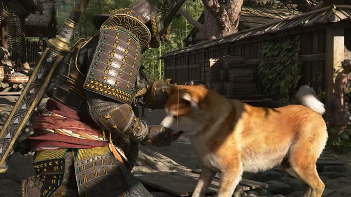 Capture d'écran du gameplay d'Assassins Creed Shadows montrant Yasuke caressant un chien