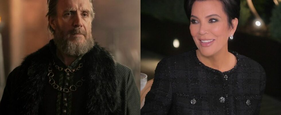 From left to right: Otto Hightower looking serious and forward in Season 2 of House of the Dragon and Kris Jenner smiling on The Kardashians.