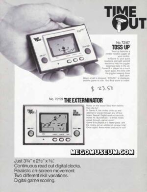Un catalogue Mego de 1980 vend les jeux et jeux de Nintendo.  Regardez des jeux sous l'égide de la société de jouets "Temps mort" l'image de marque.