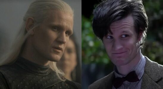 From left to right: Matt Smith as Daemon Targaryen looking intimidating in House of the Dragon and Matt Smith as the Eleventh Doctor smiling in Doctor Who.