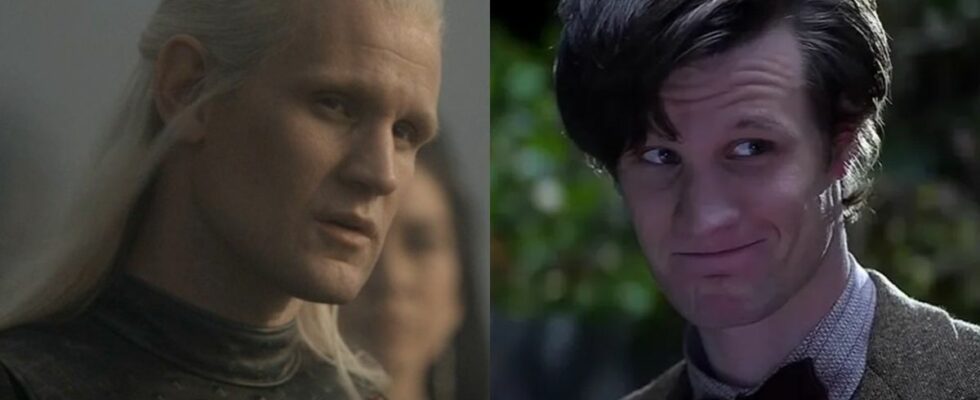 From left to right: Matt Smith as Daemon Targaryen looking intimidating in House of the Dragon and Matt Smith as the Eleventh Doctor smiling in Doctor Who.