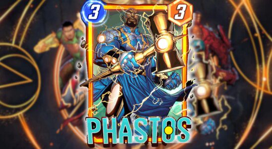the phastos card in marvel snap on a background of other eternals