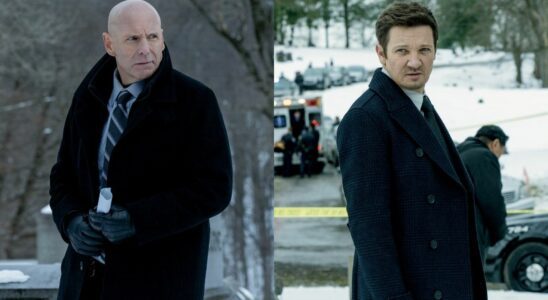 From left to right: side-by-side press image of Hugh Dillon as Ian looking to his right while standing in the show and Jeremy Renner looking over his shoulder to his left while standing in a cemetary in Season 3 of Mayor of Kingstown.