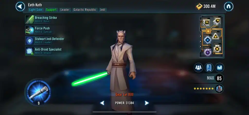 Personnage Jedi Eeth Koth avec sabre laser dans l'interface du jeu.
