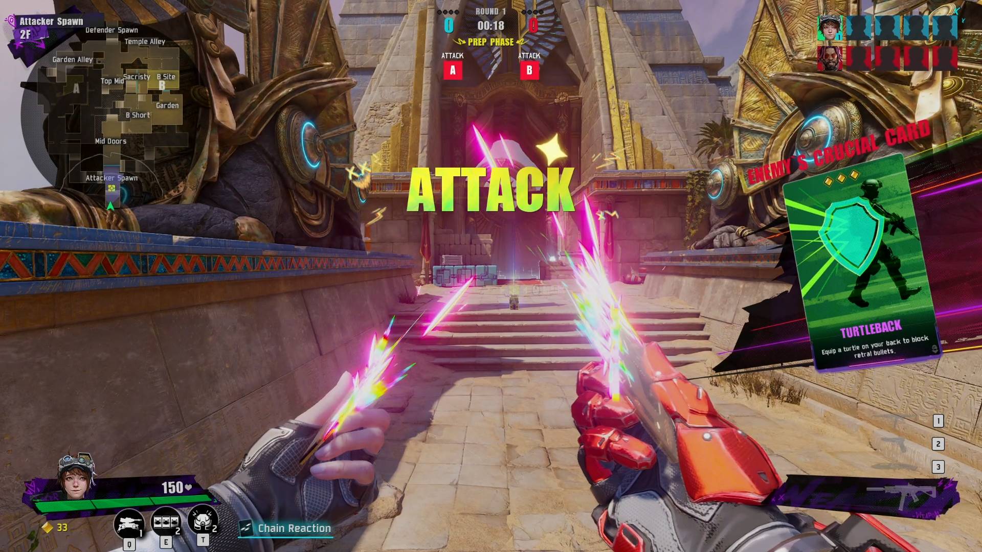 Fragpunk est un nouveau FPS coloré avec une touche Slay the Spire : un personnage dans un jeu vidéo casse une carte virtuelle en deux devant une structure semblable à un temple