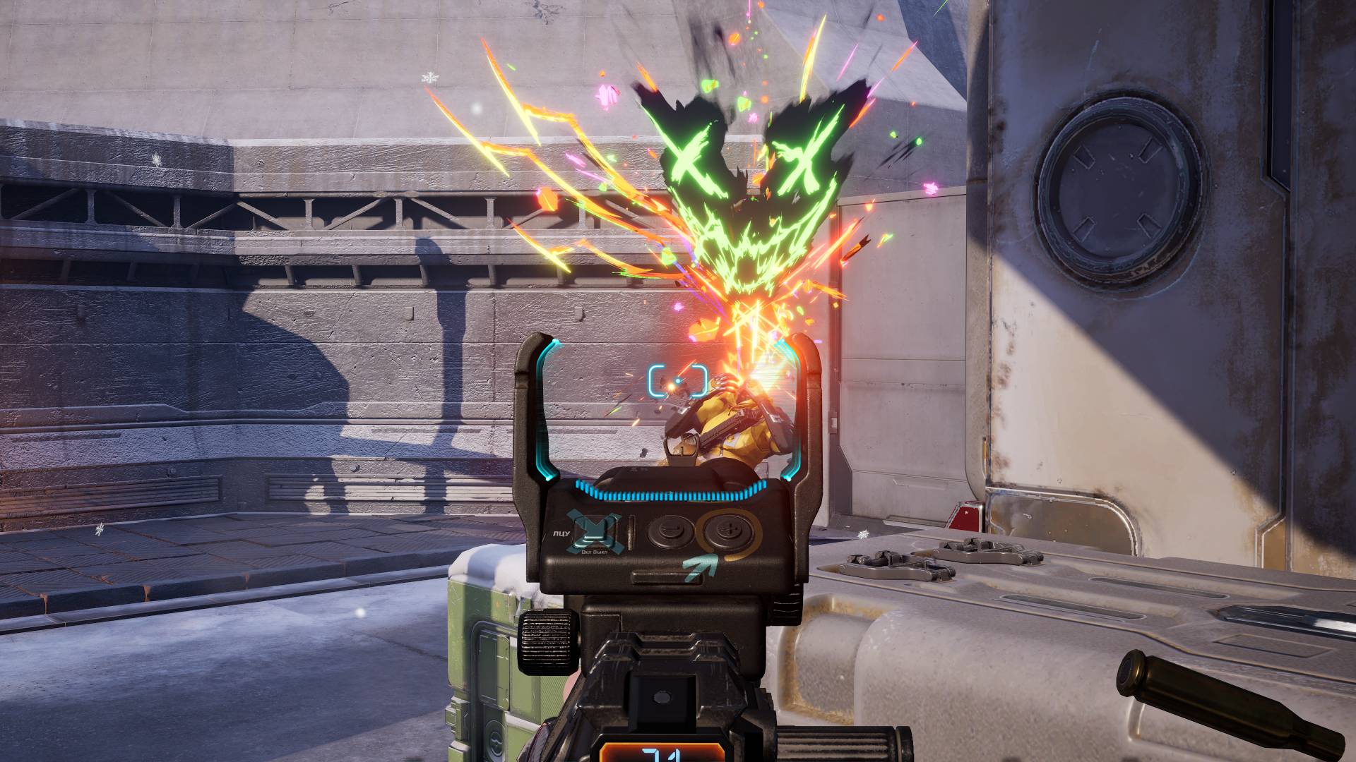 Fragpunk est un nouveau FPS coloré avec une touche Slay the Spire : un joueur regardant dans le canon d'une arme à feu en tirant sur un autre, son corps explosant dans un masque noir avec un visage souriant diabolique
