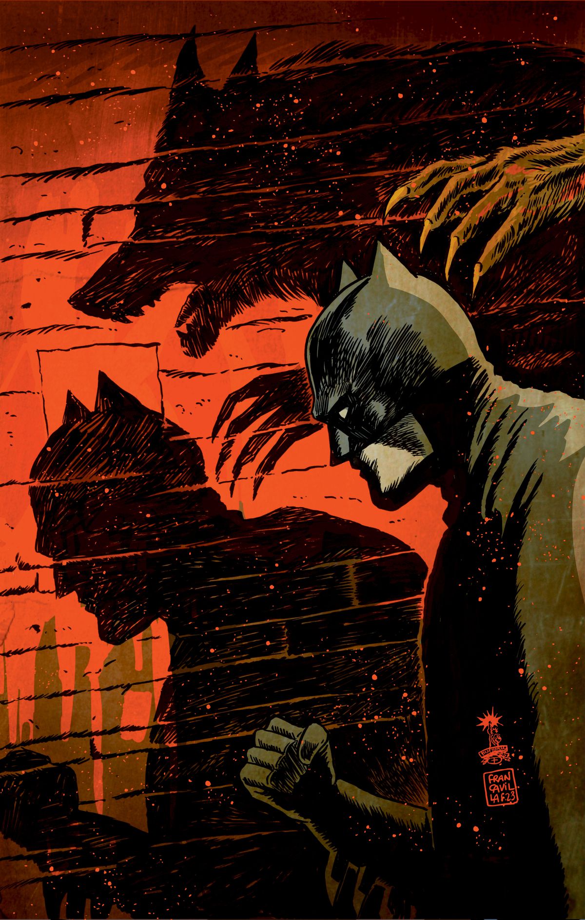 Un loup-garou tend la main vers un Batman inconscient, leurs deux ombres projetées sur un mur de briques derrière eux dans une couverture variante de Batman : Full Moon.
