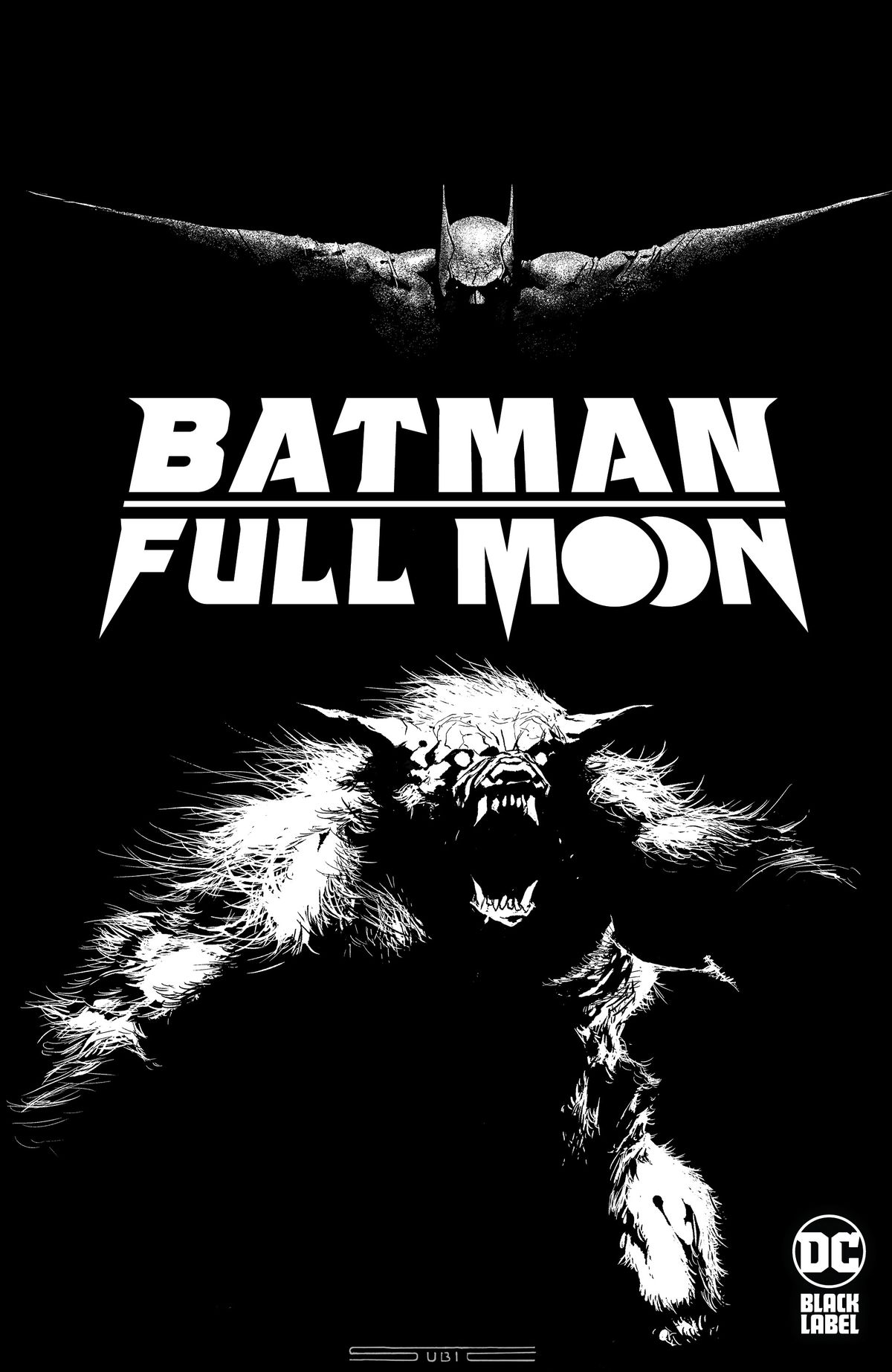 Un loup-garou grogne tandis que Batman fond sur lui sur la couverture de Batman : Pleine Lune.