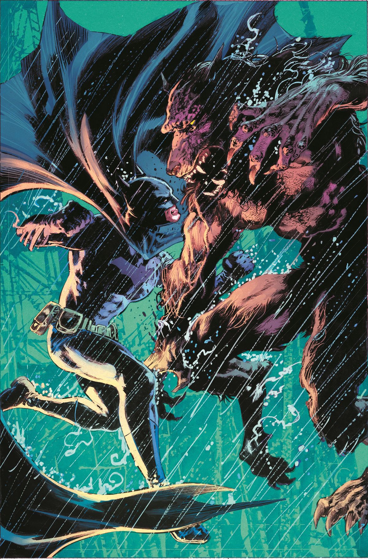 Batman combat un loup-garou sous la pluie sur une couverture variante de Batman : Full Moon.