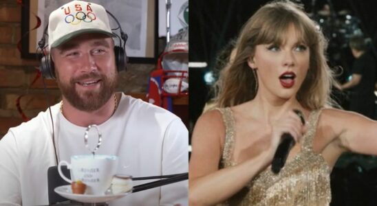 From left to right: Travis Kelce smiling and wearing a USA hat on New Heights and Taylor Swift singing while raising her right hand during the Eras Tour Fearless set.