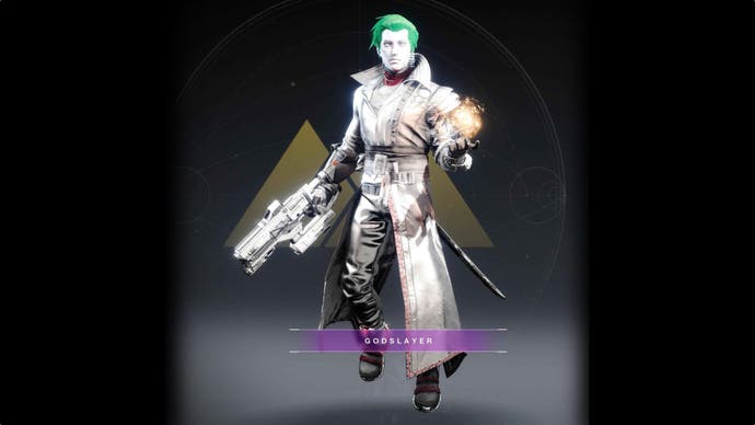 Une capture d'écran d'un personnage joueur de Destiny 2 aux cheveux verts superposée avec la légende 