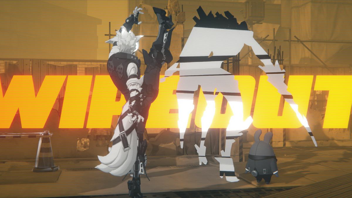 Lycaon exécute un ennemi avec un coup de pied haut sur le texte « WIPEOUT » dans Zenless Zone Zero.